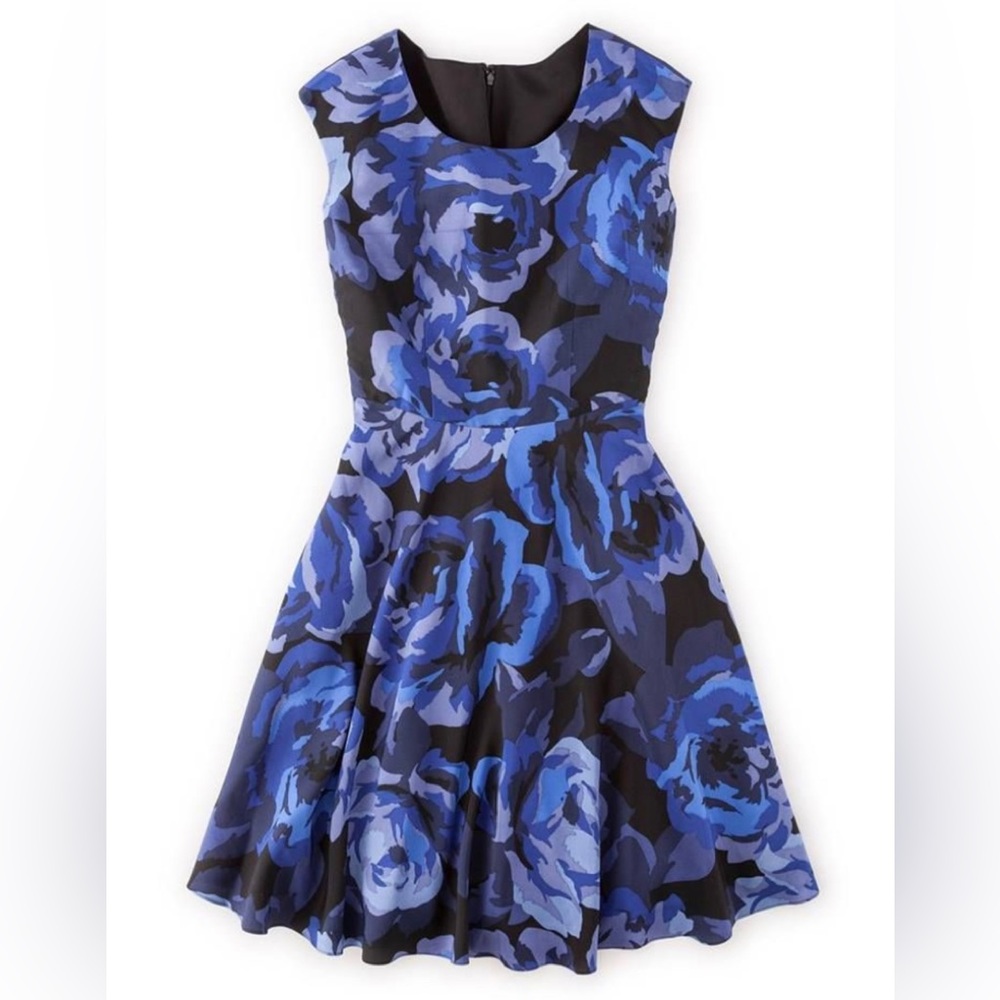 Boden Silk Blue Floral Print Fit & Flare Dress Size 10